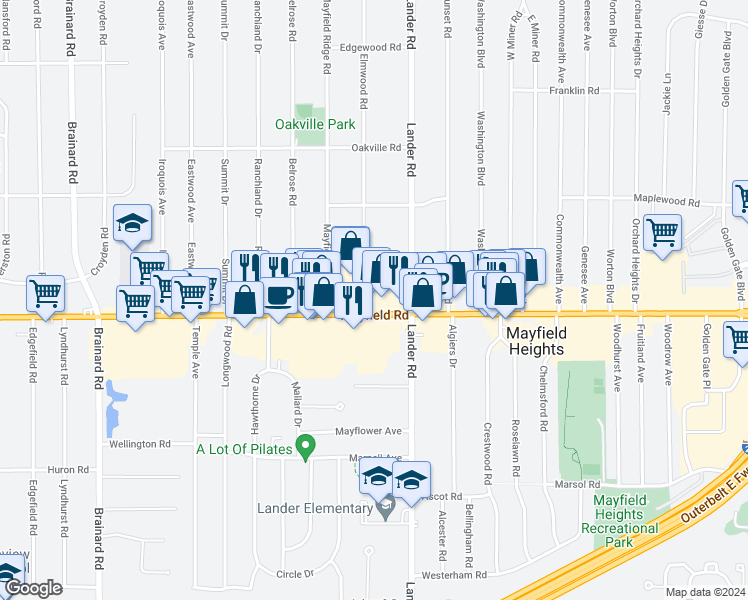 map of restaurants, bars, coffee shops, grocery stores, and more near 5940 Mayfield Road in Mayfield Heights