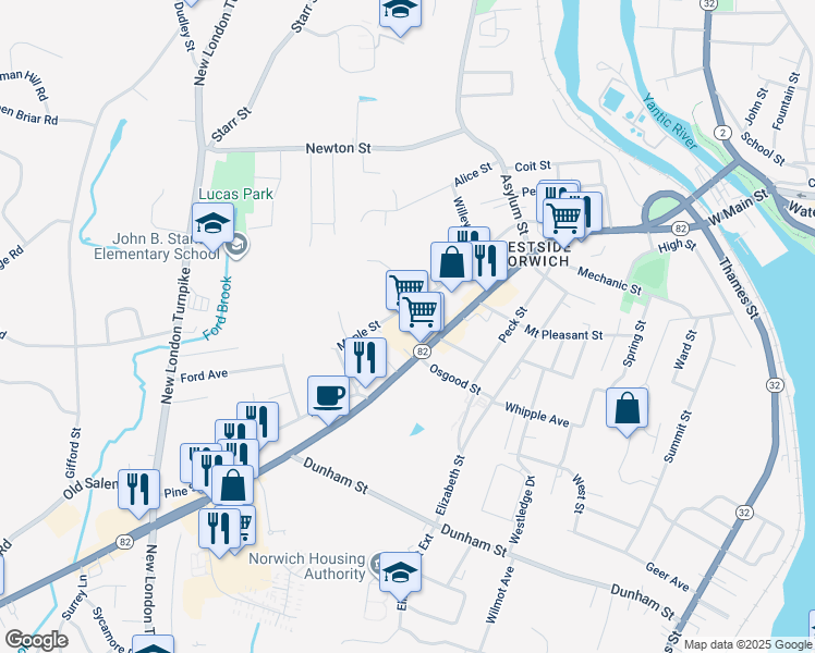 map of restaurants, bars, coffee shops, grocery stores, and more near 427 West Main Street in Norwich
