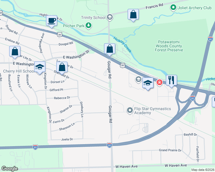 map of restaurants, bars, coffee shops, grocery stores, and more near 2760 Lancaster Drive in Joliet