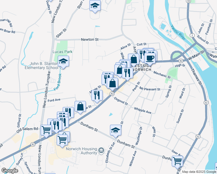 map of restaurants, bars, coffee shops, grocery stores, and more near 427 West Main Street in Norwich