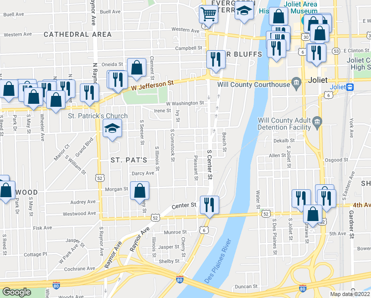 map of restaurants, bars, coffee shops, grocery stores, and more near 425 Madeline Street in Joliet