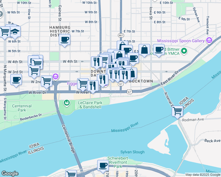 map of restaurants, bars, coffee shops, grocery stores, and more near 105 Main Street in Davenport