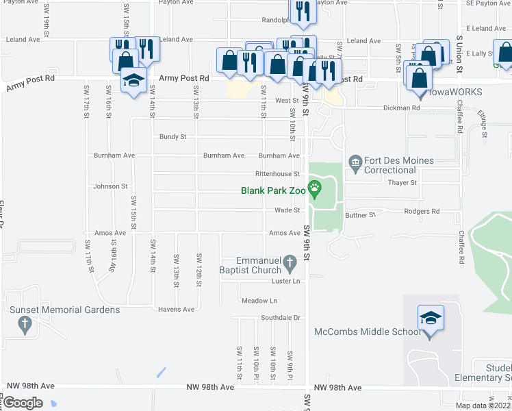 map of restaurants, bars, coffee shops, grocery stores, and more near 1101 Wade Street in Des Moines