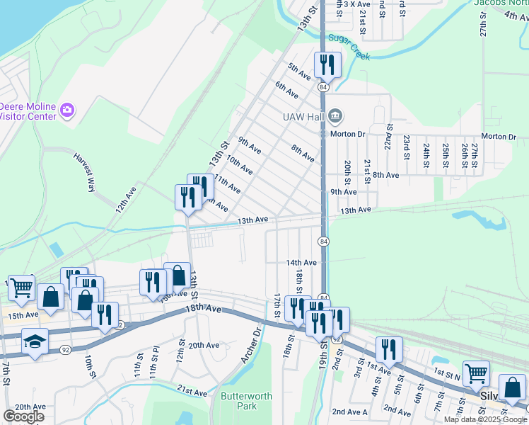 map of restaurants, bars, coffee shops, grocery stores, and more near 1548 11th Avenue in East Moline