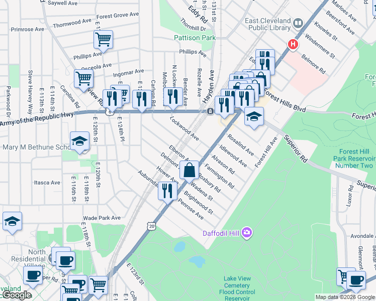 map of restaurants, bars, coffee shops, grocery stores, and more near 1777 Elberon Avenue in East Cleveland