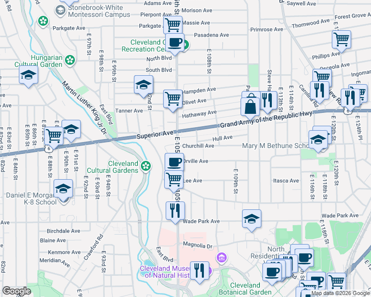 map of restaurants, bars, coffee shops, grocery stores, and more near 10526 Churchill Avenue in Cleveland