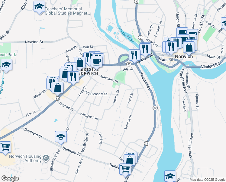 map of restaurants, bars, coffee shops, grocery stores, and more near 104 Mount Pleasant Street in Norwich