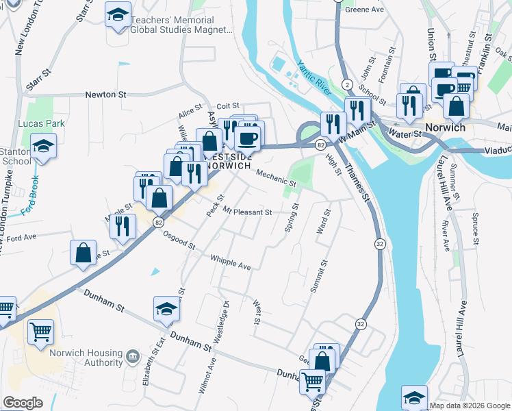 map of restaurants, bars, coffee shops, grocery stores, and more near 159 Mount Pleasant Street in Norwich