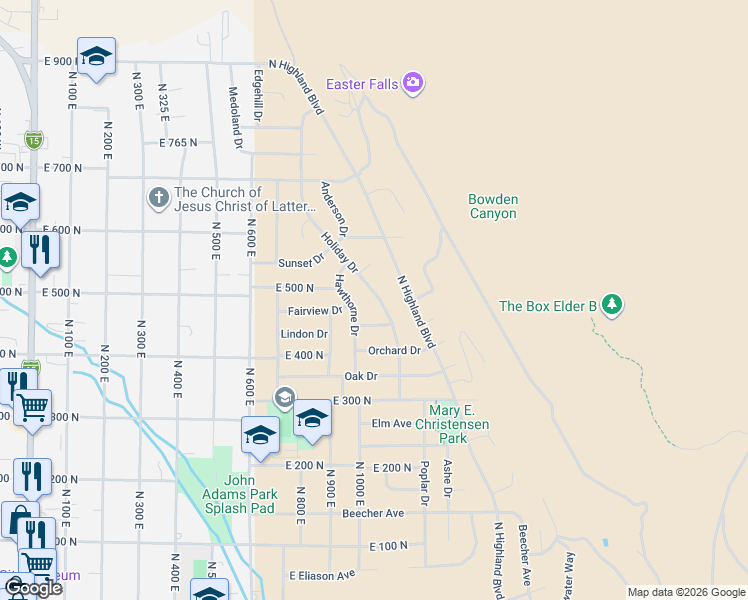 map of restaurants, bars, coffee shops, grocery stores, and more near 1029 Belmont Drive in Brigham City