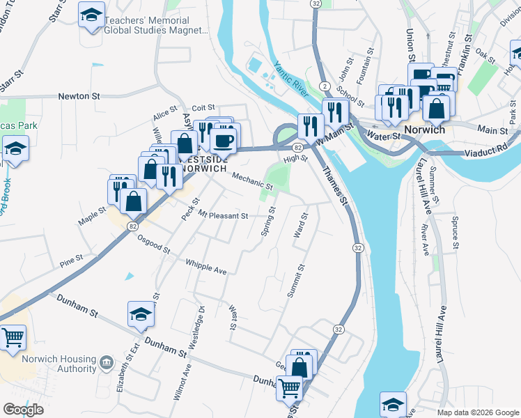 map of restaurants, bars, coffee shops, grocery stores, and more near 104 Mount Pleasant Street in Norwich