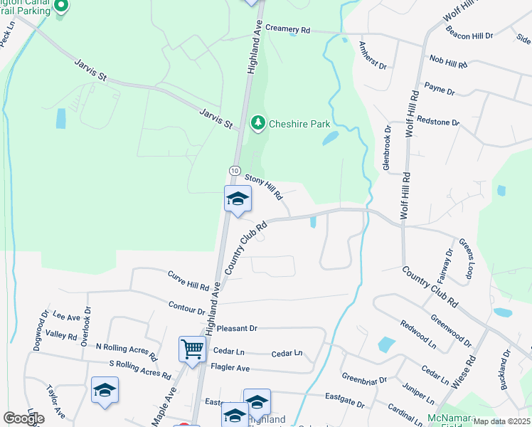 map of restaurants, bars, coffee shops, grocery stores, and more near 55 Country Club Road in Cheshire
