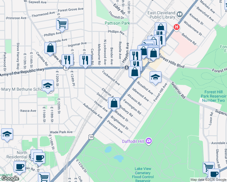 map of restaurants, bars, coffee shops, grocery stores, and more near 1777 Elberon Avenue in East Cleveland