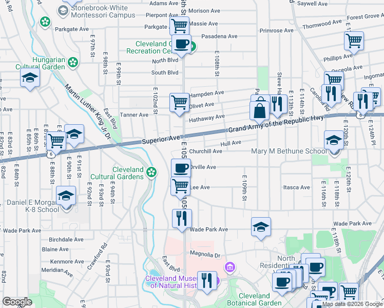 map of restaurants, bars, coffee shops, grocery stores, and more near 10515 Orville Avenue in Cleveland