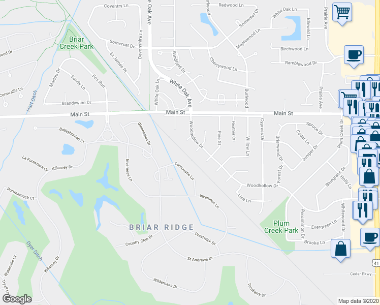 map of restaurants, bars, coffee shops, grocery stores, and more near 117 Carnoustie Lane in Schererville