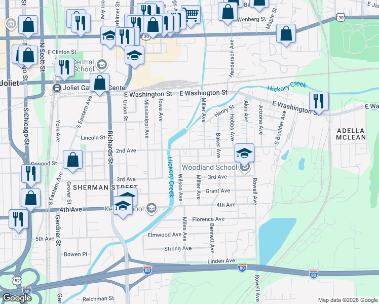 map of restaurants, bars, coffee shops, grocery stores, and more near 505 Whitley Avenue in Joliet