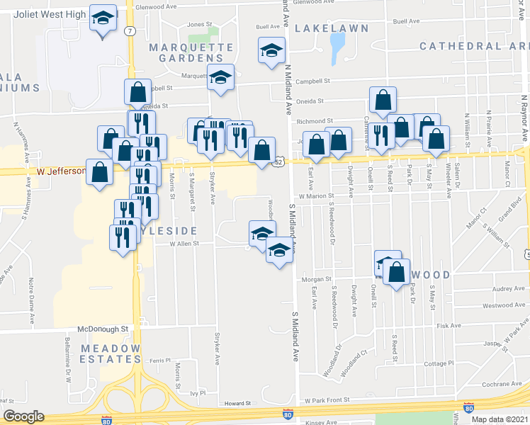 map of restaurants, bars, coffee shops, grocery stores, and more near 111 South Midland Avenue in Joliet