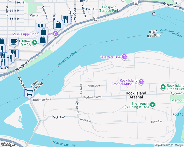map of restaurants, bars, coffee shops, grocery stores, and more near 205 Rodman Avenue in Rock Island