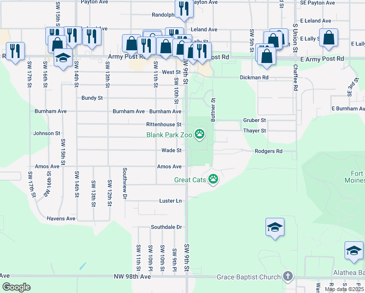 map of restaurants, bars, coffee shops, grocery stores, and more near 7401 Southwest 9th Street in Des Moines