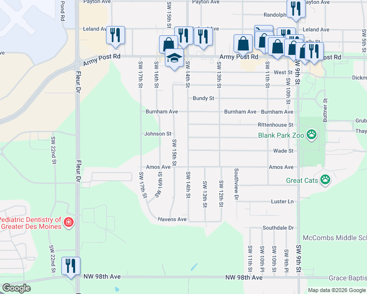 map of restaurants, bars, coffee shops, grocery stores, and more near 7103 Southwest 15th Street in Des Moines