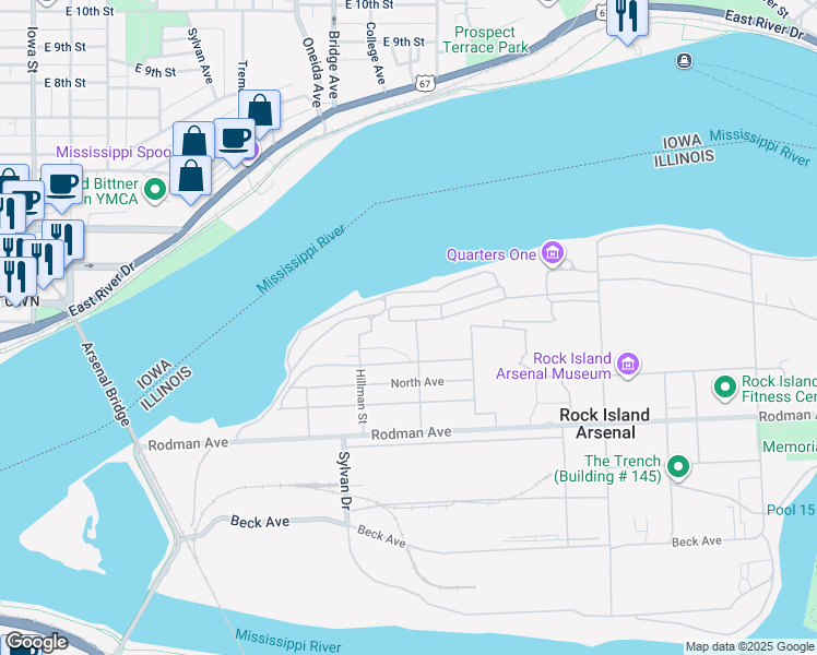 map of restaurants, bars, coffee shops, grocery stores, and more near 2362 Durnin Avenue in Rock Island
