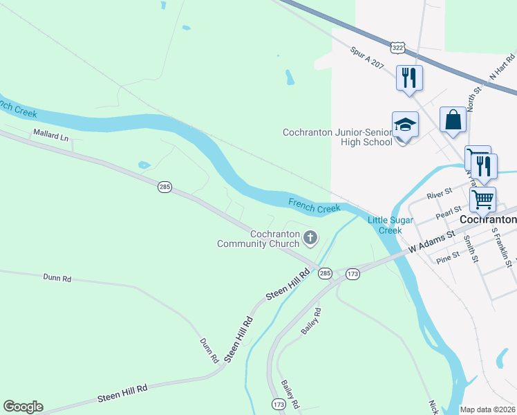 map of restaurants, bars, coffee shops, grocery stores, and more near 4160 Sheehan Lane in Cochranton