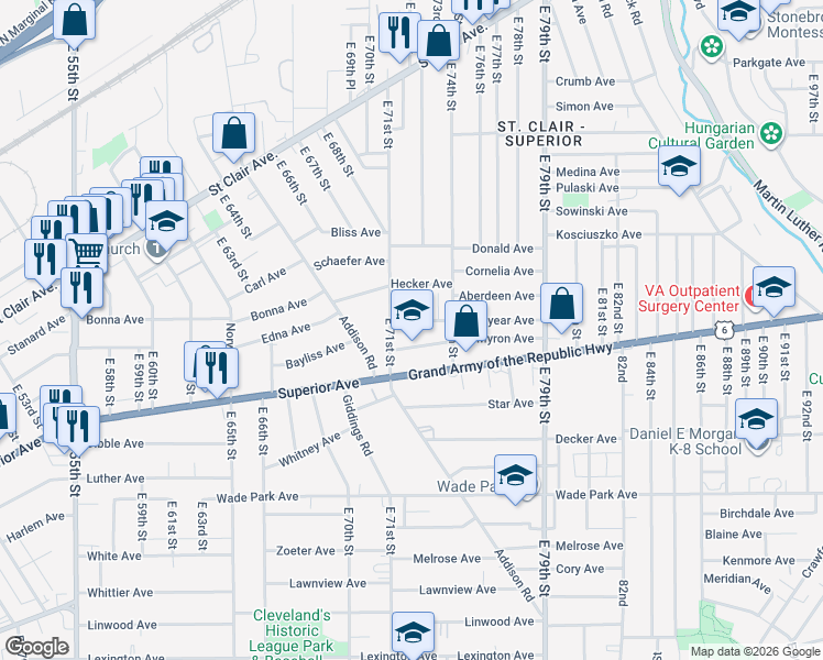 map of restaurants, bars, coffee shops, grocery stores, and more near 7113 Myron Avenue in Cleveland