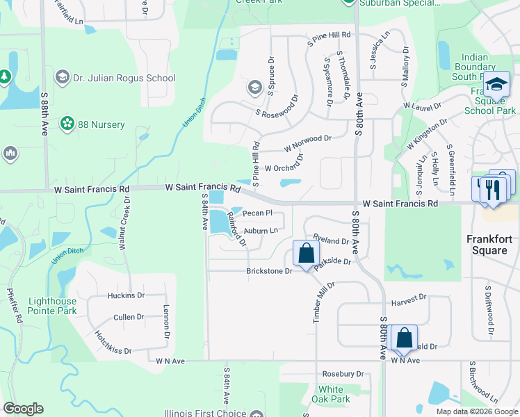 map of restaurants, bars, coffee shops, grocery stores, and more near 8252 Auburn Lane in Frankfort