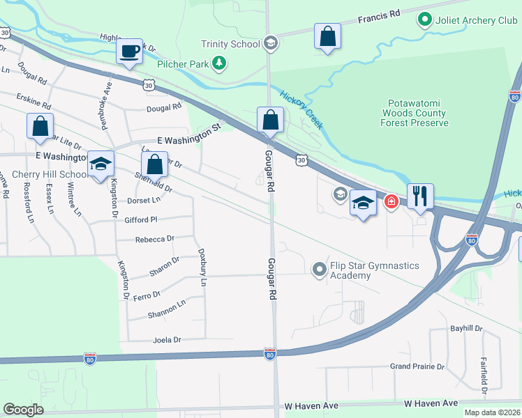 map of restaurants, bars, coffee shops, grocery stores, and more near 2760 Lancaster Drive in Joliet