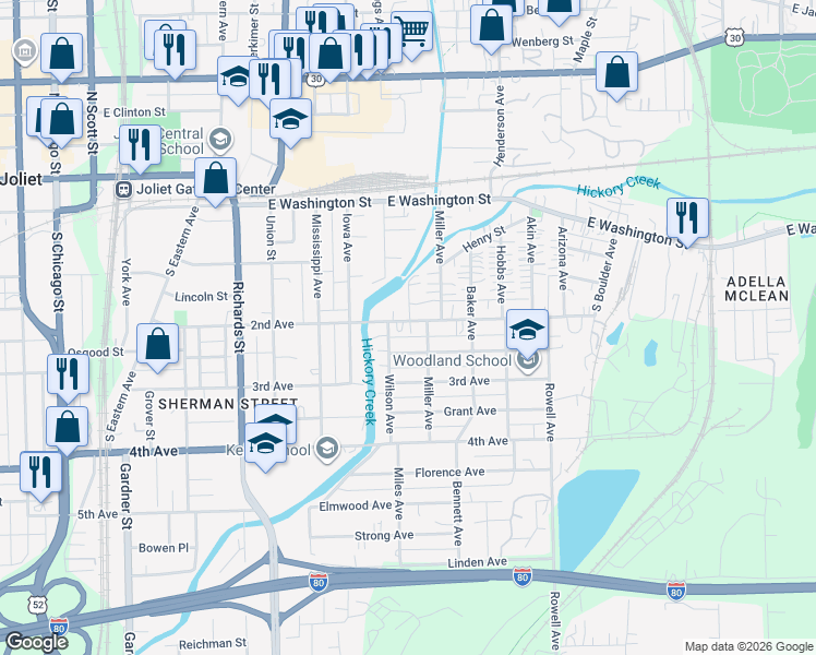 map of restaurants, bars, coffee shops, grocery stores, and more near 505 Whitley Avenue in Joliet