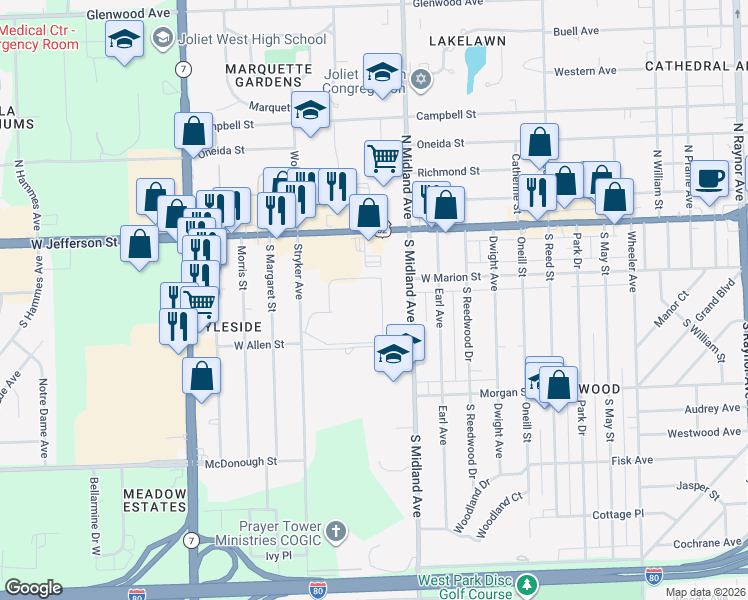 map of restaurants, bars, coffee shops, grocery stores, and more near 111 South Midland Avenue in Joliet