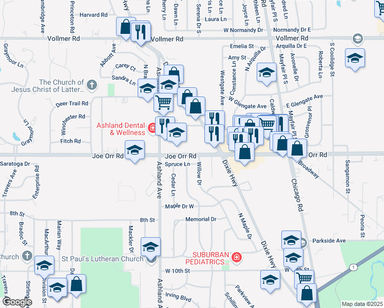 map of restaurants, bars, coffee shops, grocery stores, and more near 233 West Joe Orr Road in Chicago Heights