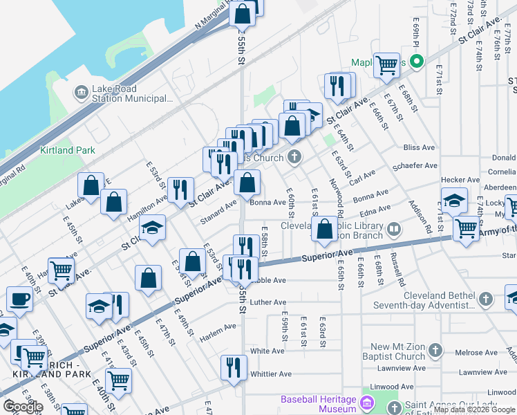 map of restaurants, bars, coffee shops, grocery stores, and more near 5648 Prosser Avenue in Cleveland