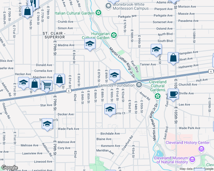 map of restaurants, bars, coffee shops, grocery stores, and more near 8901 Superior Avenue in Cleveland
