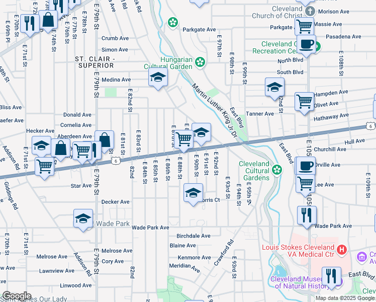 map of restaurants, bars, coffee shops, grocery stores, and more near 8901 Superior Avenue in Cleveland