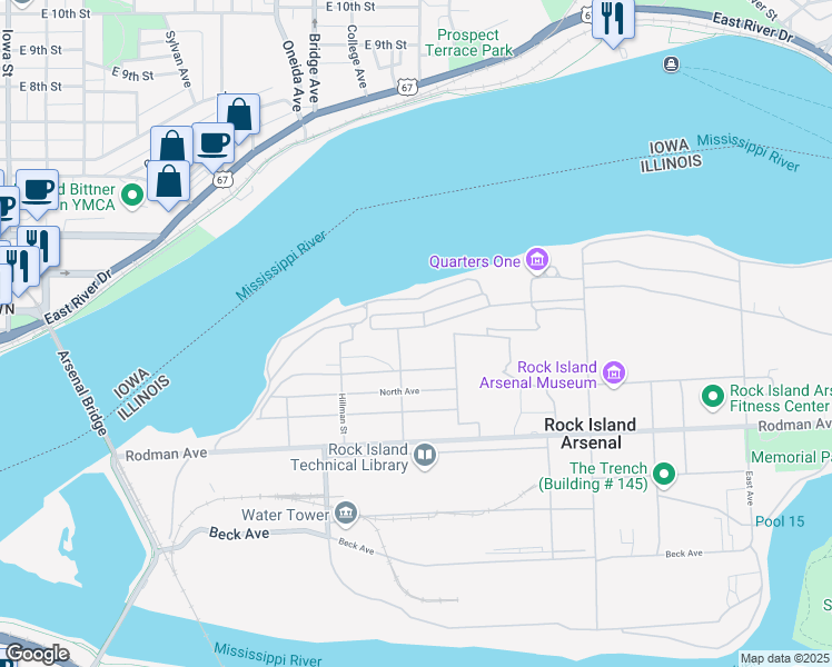 map of restaurants, bars, coffee shops, grocery stores, and more near 2442 Durnin Avenue in Rock Island