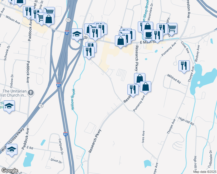map of restaurants, bars, coffee shops, grocery stores, and more near 211 Pomeroy Avenue in Meriden