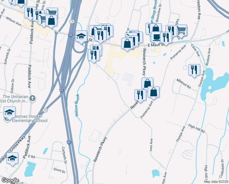 map of restaurants, bars, coffee shops, grocery stores, and more near 250 Pomeroy Avenue in Meriden