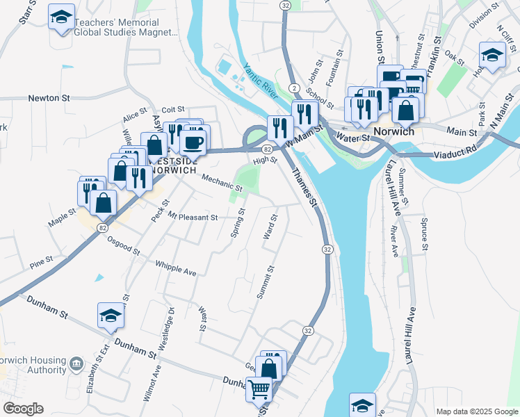 map of restaurants, bars, coffee shops, grocery stores, and more near 62 Mopsic Street in Norwich