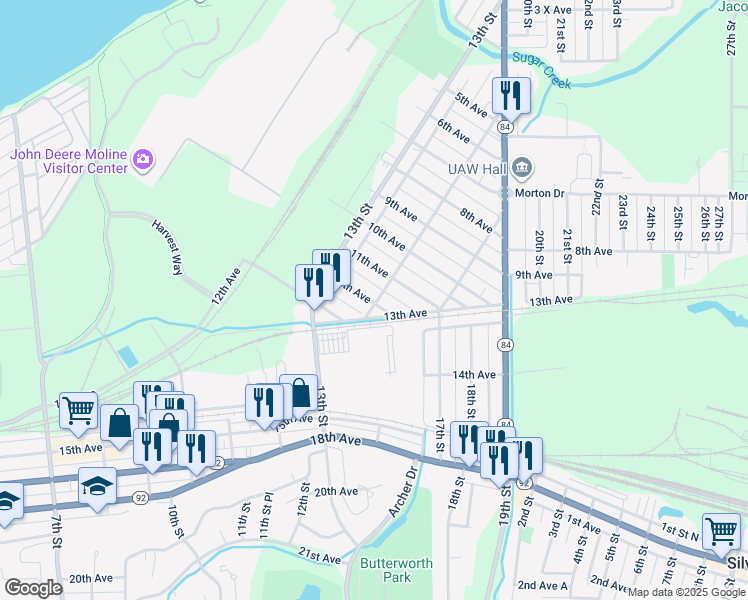 map of restaurants, bars, coffee shops, grocery stores, and more near 1361 12th Avenue in East Moline