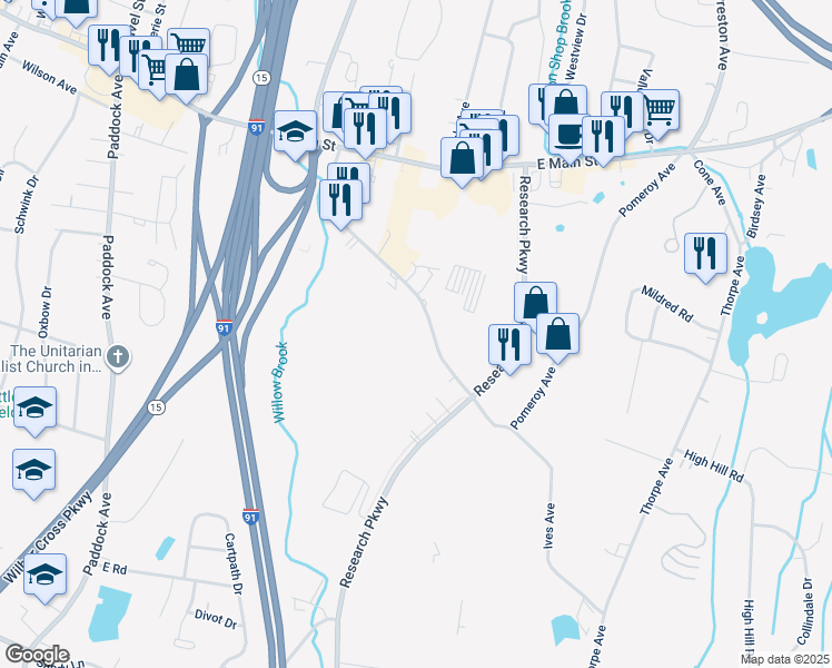 map of restaurants, bars, coffee shops, grocery stores, and more near 250 Pomeroy Avenue in Meriden