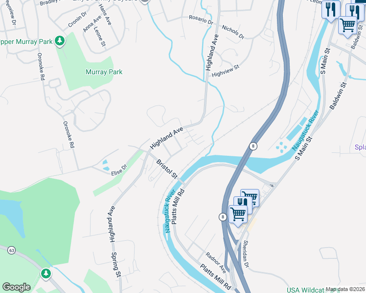 map of restaurants, bars, coffee shops, grocery stores, and more near 40 Pear Street in Waterbury