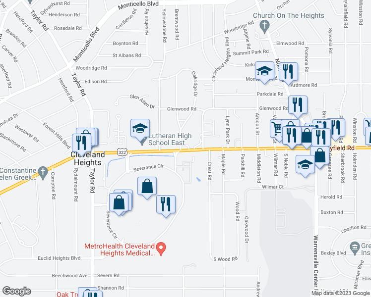 map of restaurants, bars, coffee shops, grocery stores, and more near 1475 Severance Circle in Cleveland Heights