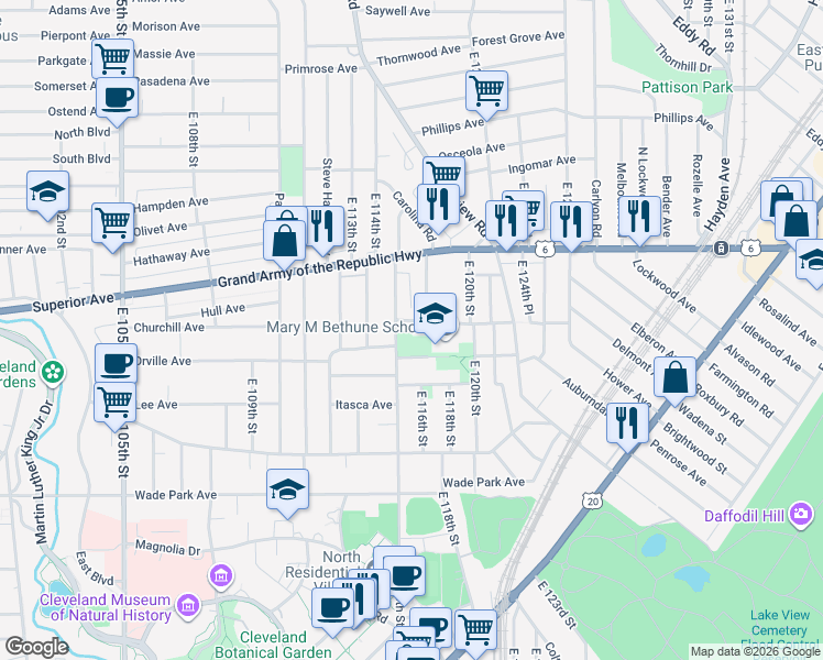 map of restaurants, bars, coffee shops, grocery stores, and more near in Cleveland