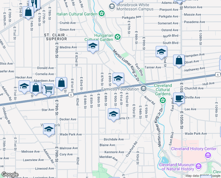 map of restaurants, bars, coffee shops, grocery stores, and more near 1319 East 89th Street in Cleveland