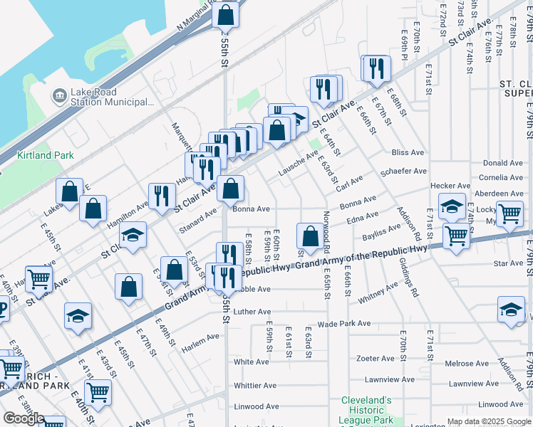 map of restaurants, bars, coffee shops, grocery stores, and more near 59 East 59th Street in Cleveland