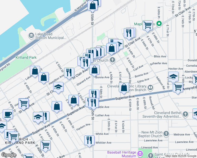 map of restaurants, bars, coffee shops, grocery stores, and more near 5648 Prosser Avenue in Cleveland