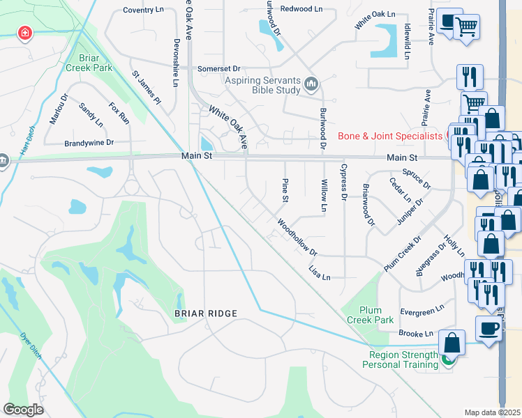 map of restaurants, bars, coffee shops, grocery stores, and more near 1358 Pine Ct in Schererville