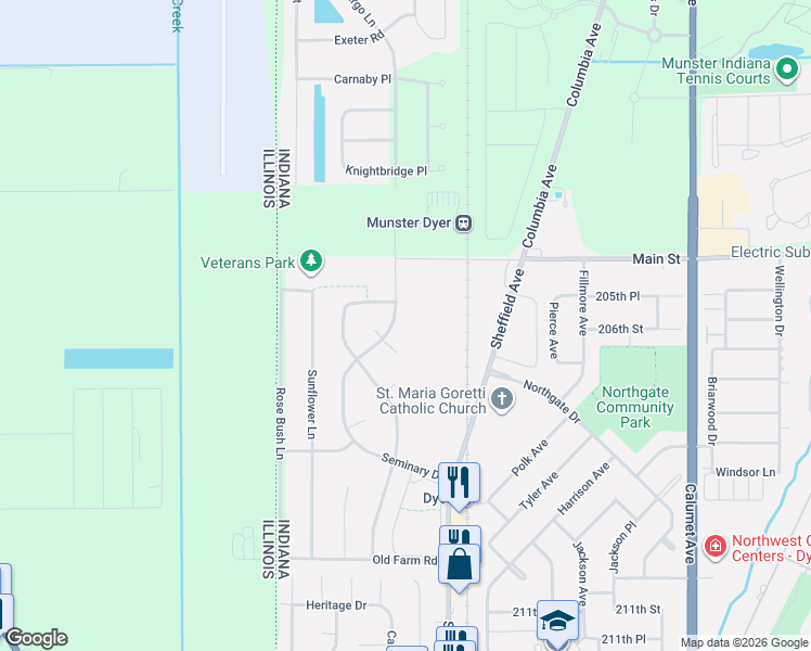 map of restaurants, bars, coffee shops, grocery stores, and more near 209 Eagle Ct in Dyer