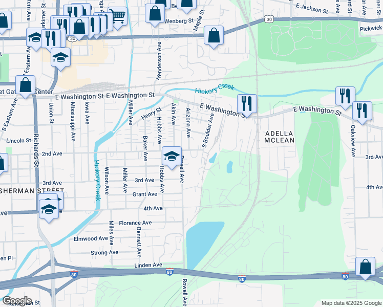 map of restaurants, bars, coffee shops, grocery stores, and more near 216 Rowell Avenue in Joliet