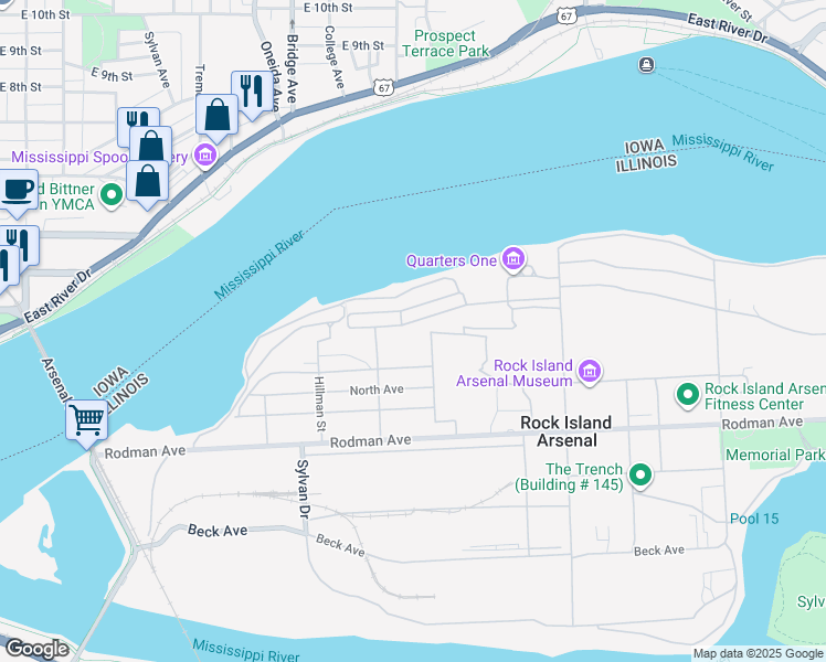 map of restaurants, bars, coffee shops, grocery stores, and more near Durnin Avenue in Rock Island